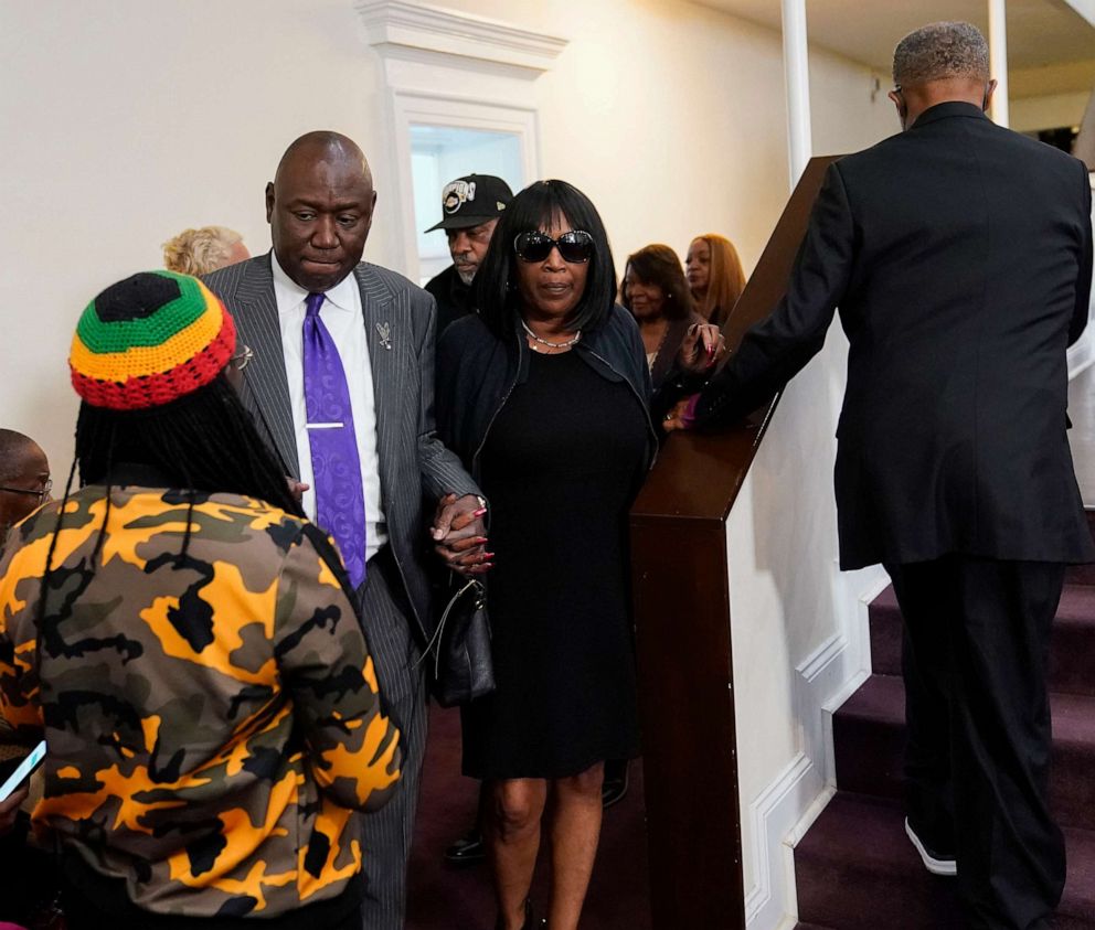 PHOTO: RowVaughn Wells, center, mother of Tyre Nichols arrives at a news conference with civil rights Attorney Ben Crump in Memphis, Tenn., Jan. 23, 2023.