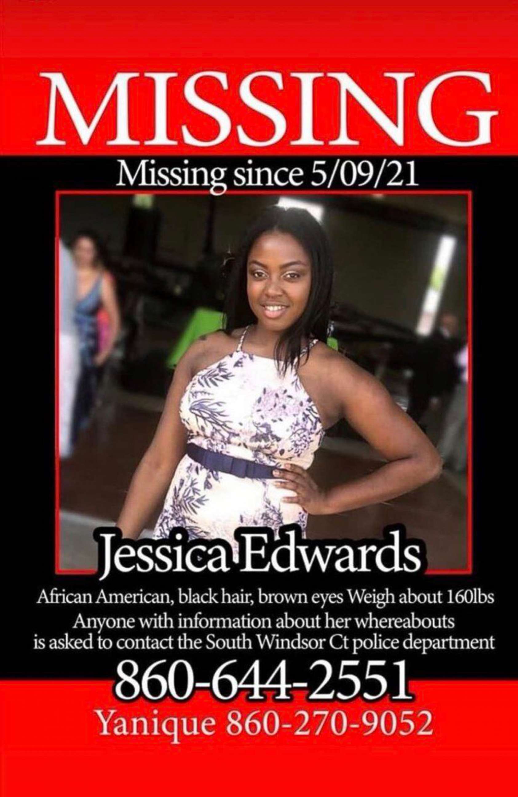 PHOTO: A Missing person poster released by family shows Jessica Edwards of South Windsor, Ct.
