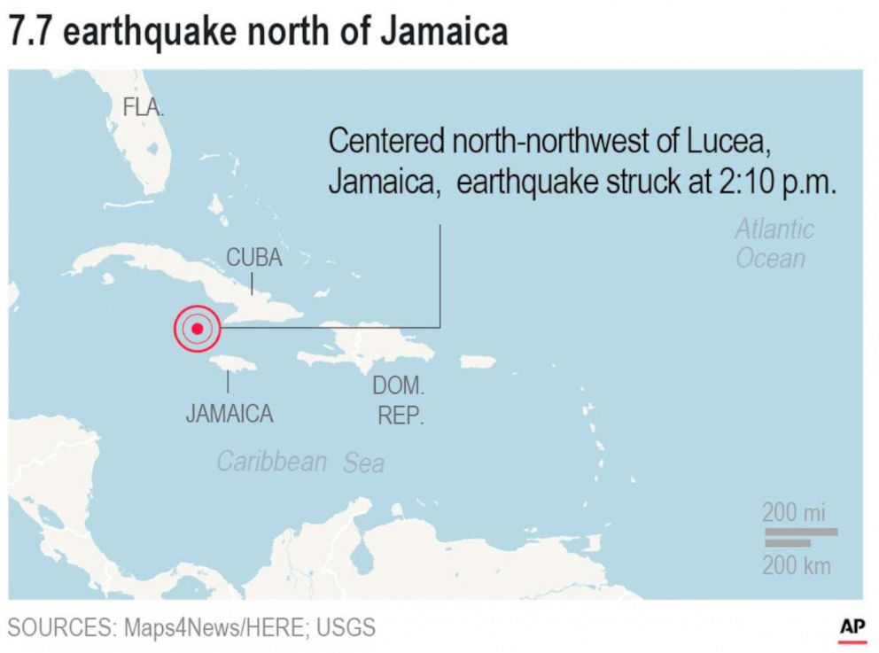 PHOTO: A map released by the Associated Press locates an earthquake that struck in the Caribbean Sea on Jan. 28, 2020.