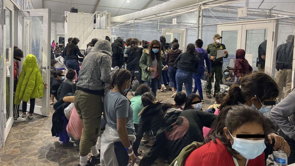 PHOTO: A photo released by Congressman Henry Cuellar's office shows a crowded U.S. Customs and Border Protection temporary overflow facility in Donna, Texas. According to Rep. Cueller, the photo was taken between March 20-21, 2021.