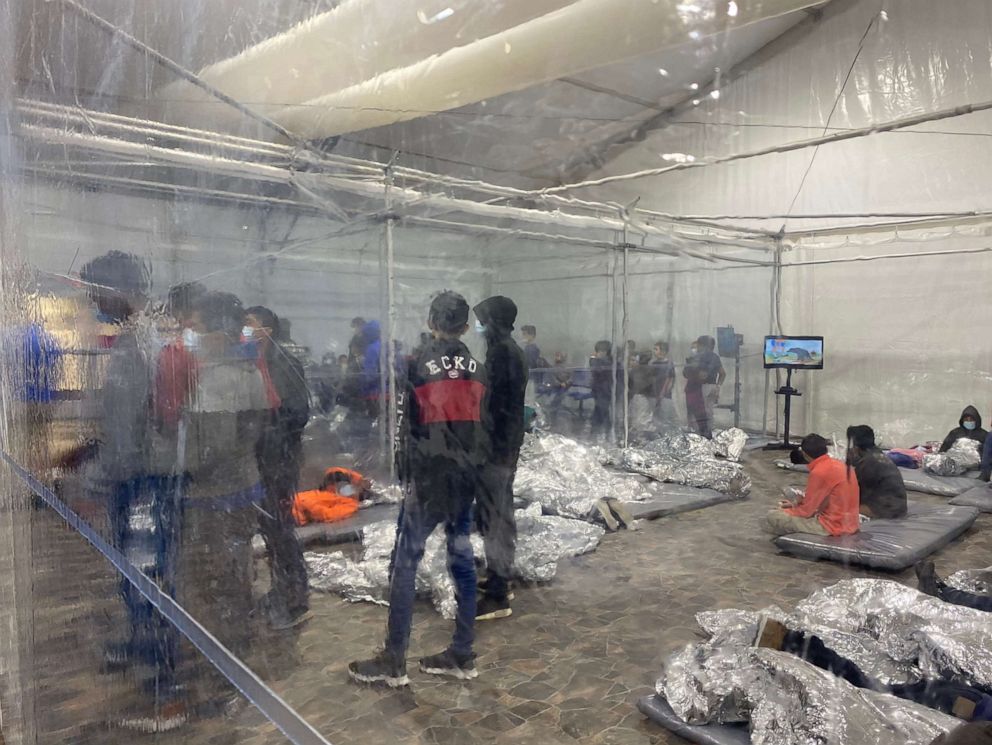 PHOTO: A photo released by Congressman Henry Cuellar's office shows a crowded U.S. Customs and Border Protection temporary overflow facility in Donna, Texas. According to Rep. Cueller, the photo was taken between March 20-21, 2021.