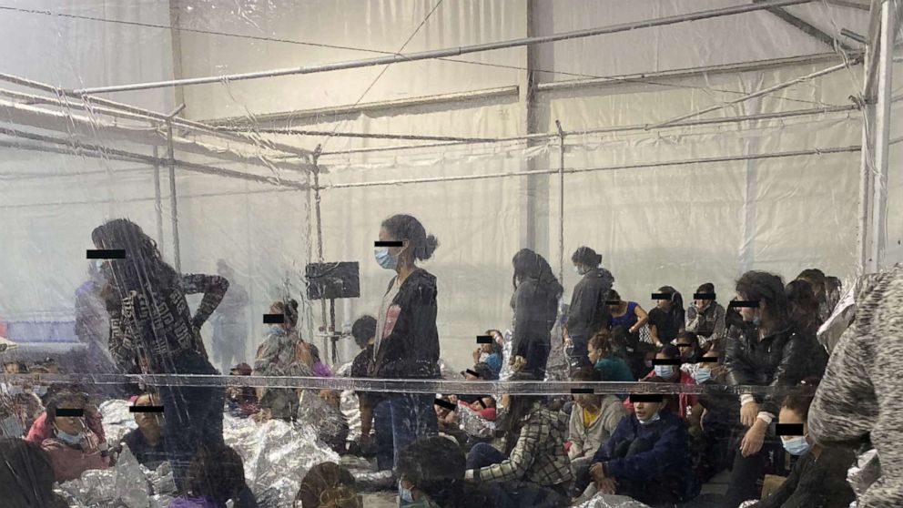 PHOTO: A photo released by Congressman Henry Cuellar's office shows a crowded U.S. Customs and Border Protection temporary overflow facility in Donna, Texas. According to Rep. Cueller, the photo was taken between March 20-21, 2021.