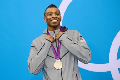 PHOTO: In this file photo, U.S. swimmer Cullen Jones poses on the podium after he won the silver medal in the mens 50m freestyle final during the swimming event at the London 2012 Olympic Games at the Olympic Park, Aug. 3, 2012, in London.