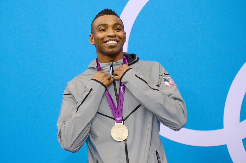 PHOTO: In this file photo, U.S. swimmer Cullen Jones poses on the podium after he won the silver medal in  the men's 50m freestyle final during the swimming event at the London 2012 Olympic Games at the Olympic Park, Aug. 3, 2012, in London.