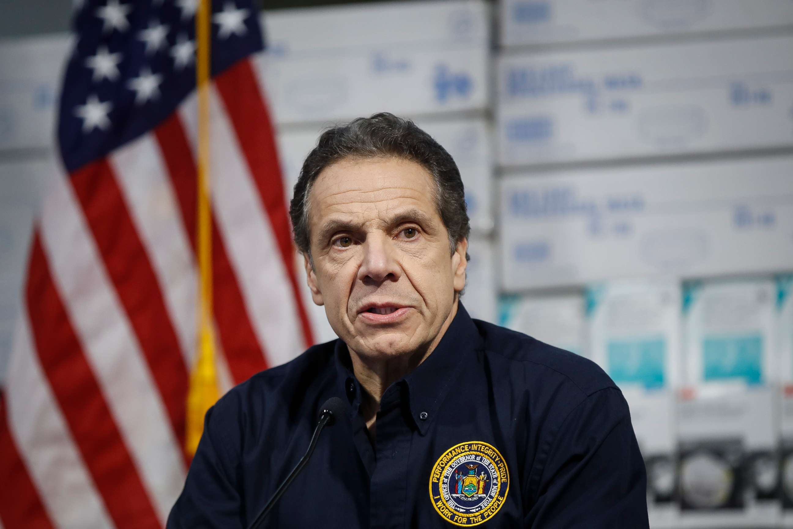 PHOTO: New York Gov. Andrew Cuomo speaks during a news conference against a backdrop of medical supplies at the Jacob Javits Center that will house a temporary hospital in response to the COVID-19 outbreak, March 24, 2020, in New York. 