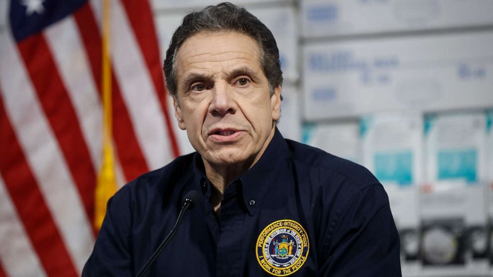 PHOTO: New York Gov. Andrew Cuomo speaks during a news conference against a backdrop of medical supplies at the Jacob Javits Center that will house a temporary hospital in response to the COVID-19 outbreak, March 24, 2020, in New York. 