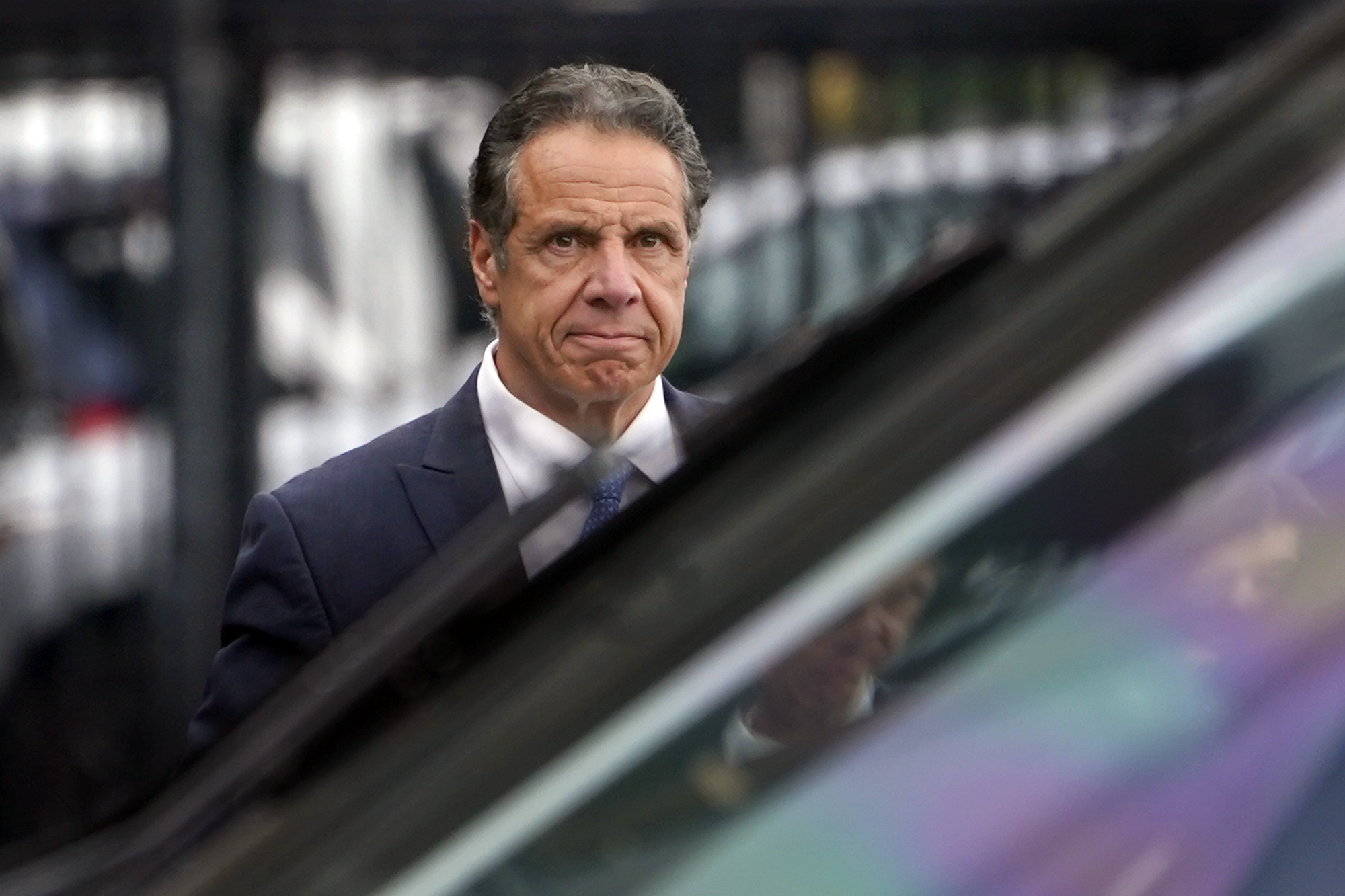 PHOTO: FILE - New York Gov. Andrew Cuomo prepares to board a helicopter after announcing his resignation, on Aug. 10, 2021, in New York.