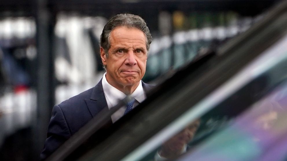 PHOTO: FILE - New York Gov. Andrew Cuomo prepares to board a helicopter after announcing his resignation, on Aug. 10, 2021, in New York.
