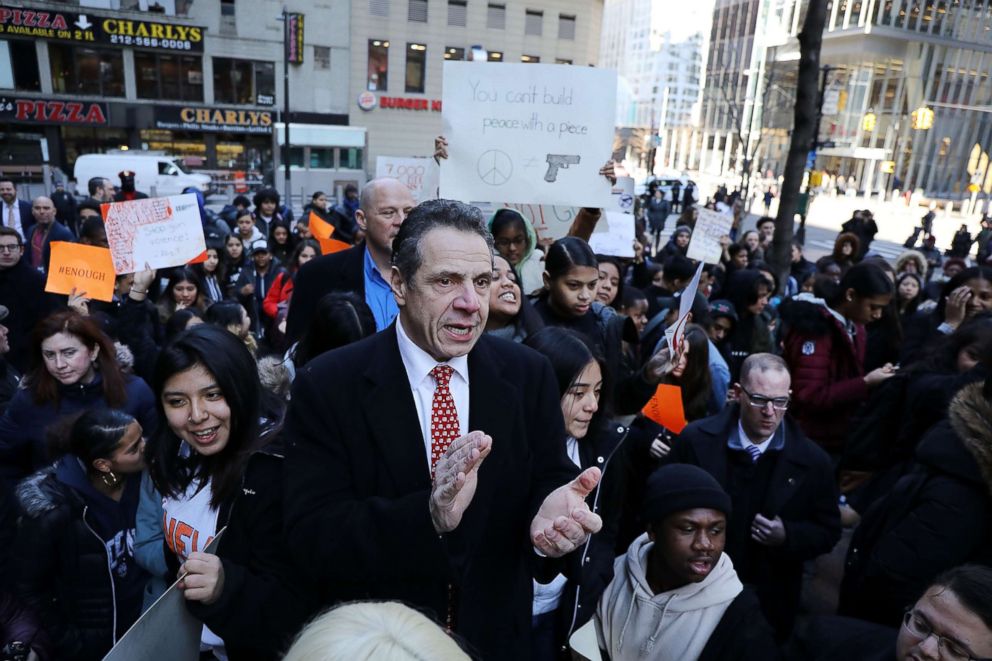 PHOTO: Governor Andrew Cuomo joins with students from surrounding schools at Zuccotti Park in lower Manhattan to mark one month since the high school shooting in Parkland, Fla. and to demand an end to gun violence, March 14, 2018, in New York.