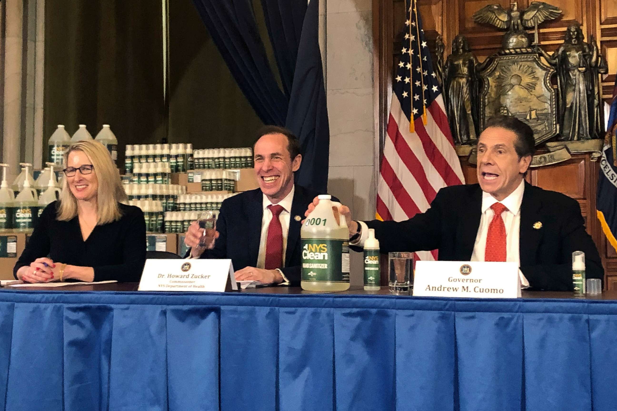 PHOTO: New York Gov. Andrew Cuomo, right, introduces "New York State Clean," a hand sanitizer manufactured by the state of New York, during a news conference update on the coronavirus, March 9, 2020, in Albany, N.Y.