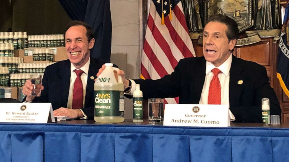 PHOTO: New York Gov. Andrew Cuomo, right, introduces "New York State Clean," a hand sanitizer manufactured by the state of New York, during a news conference update on the coronavirus, March 9, 2020, in Albany, N.Y.
