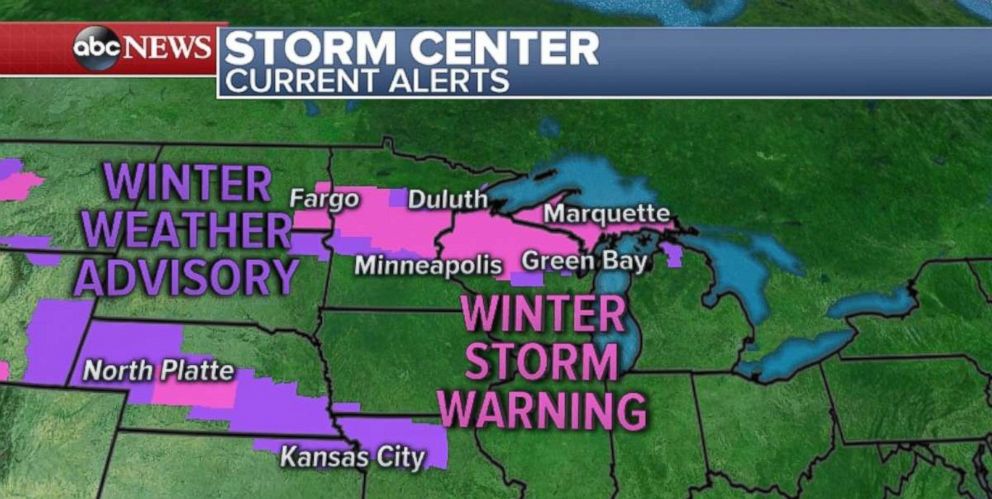 A winter storm warning is in place from Fargo, through the Twin Cities, to Green Bay on Saturday.
