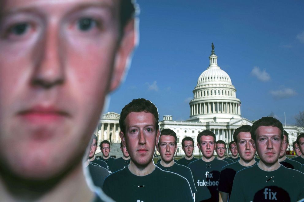 PHOTO: The advocacy group, Avaaz, placed 100 life-sized cutouts of Facebook CEO Mark Zuckerberg on the lawn of the U.S. Capitol, April 10, 2018, in Washington.