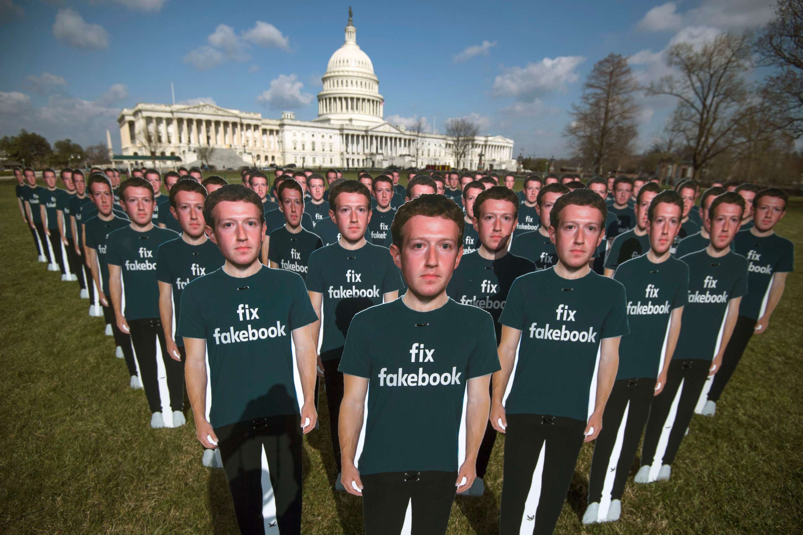 PHOTO: Cutouts of Facebook CEO Mark Zuckerberg appear on the east lawn of the Capitol ahead of his testimony before a joint hearing of the Senate Judiciary and Commerce Committees on the protection of user data, April 10, 2018.