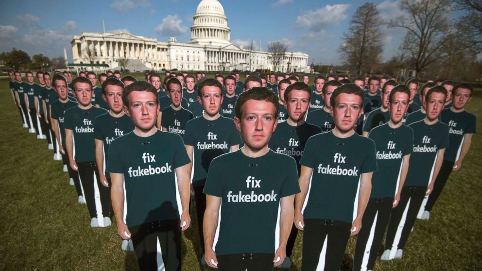 PHOTO: Cutouts of Facebook CEO Mark Zuckerberg appear on the east lawn of the Capitol ahead of his testimony before a joint hearing of the Senate Judiciary and Commerce Committees on the protection of user data, April 10, 2018.