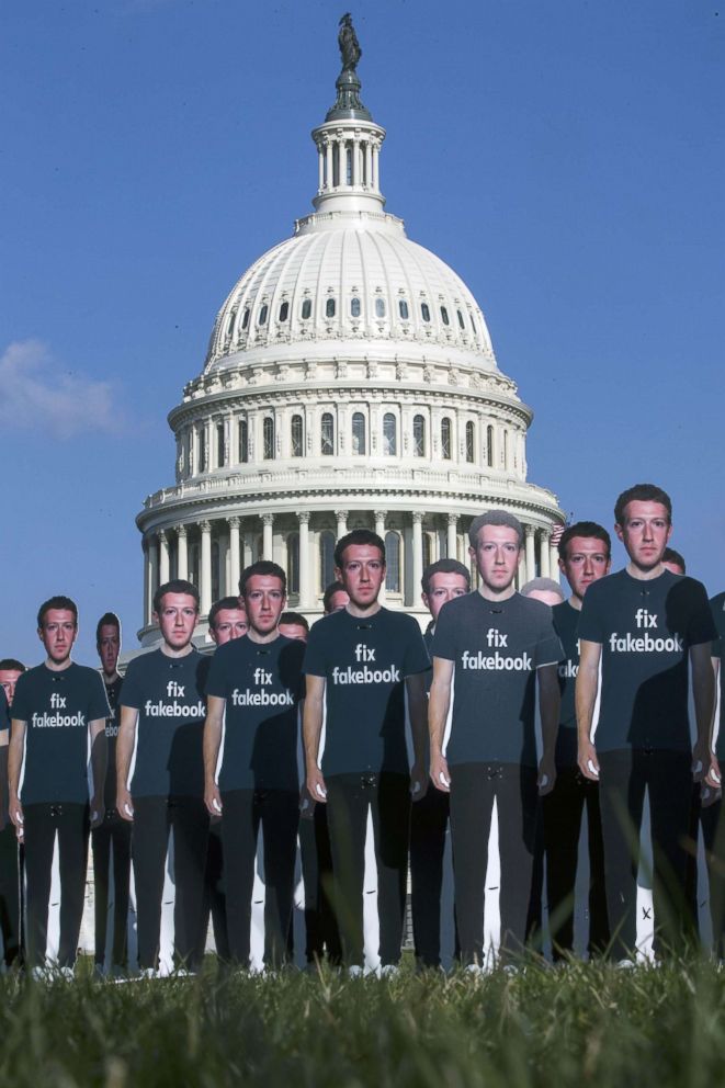 PHOTO: 100 life-sized cutouts of Facebook CEO Mark Zuckerberg sit on the lawn of the U.S. Capitol, April 10, 2018, in Washington.