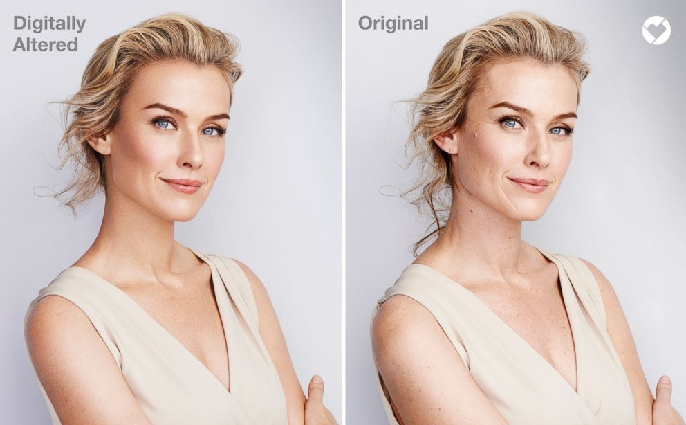 PHOTO: CVS Health distributed this photo to show an altered image used in beauty product marketing, left, and, on the right, the original image with the CVS Beauty Mark logo. 