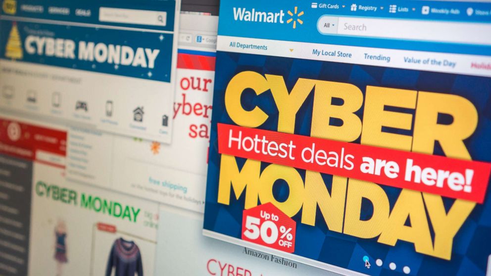 PHOTO: A collection of websites tout their Cyber Monday sales on Monday, Dec. 1, 2014.