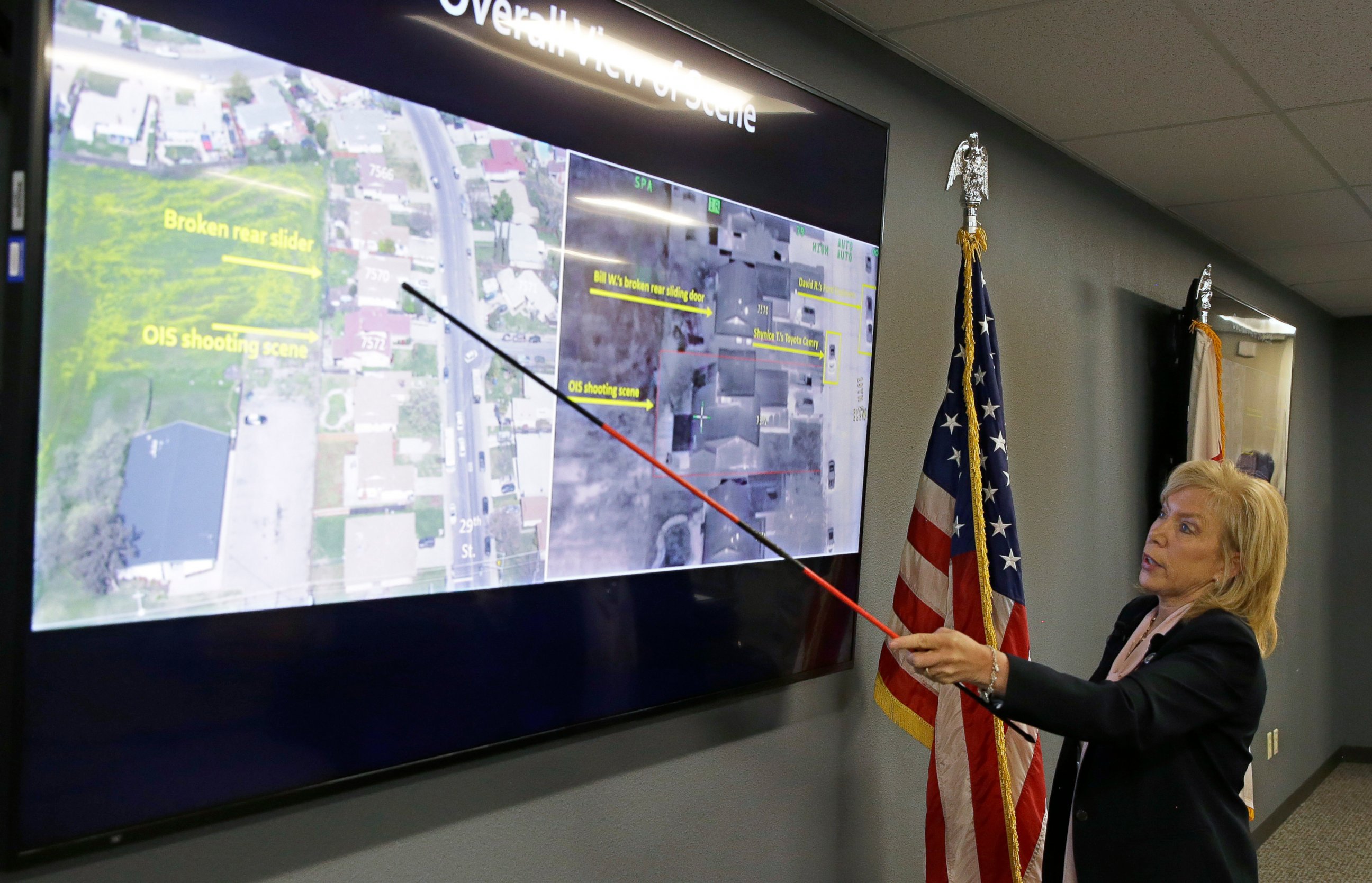 PHOTO: Sacramento County District Attorney Anne Marie Schubert points out the location where Stephon Clark was shot and killed by Sacramento police officers in 2018, during a news conference in Sacramento, Calif., Saturday, March 2, 2019.