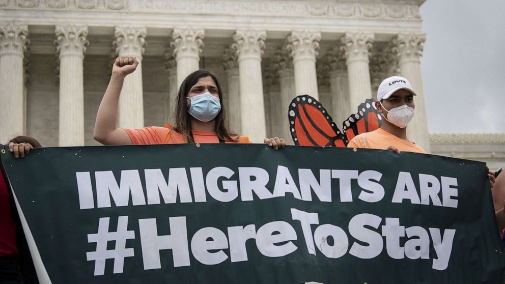 PHOTO: DACA recipients and their supporters rally outside the U.S. Supreme Court on June 18, 2020, in Washington, DC.