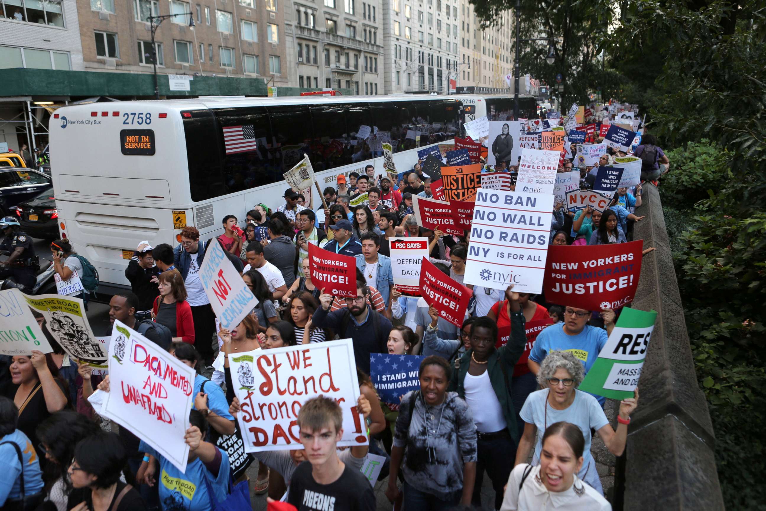 PHOTO: People march and chant slogans against President Donald Trump's proposed end of the DACA program that protects immigrant children from deportation at a protest in New York City, Aug. 30, 2017. 
