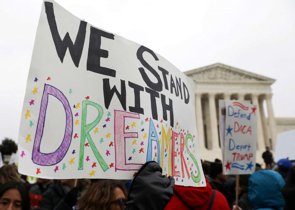 PHOTO: Demonstrators rally outside the U.S. Supreme Court as justices were scheduled to hear oral arguments regarding the Trump administration bid to end the Deferred Action for Childhood Arrivals (DACA) program in Washington, Nov. 12, 2019.