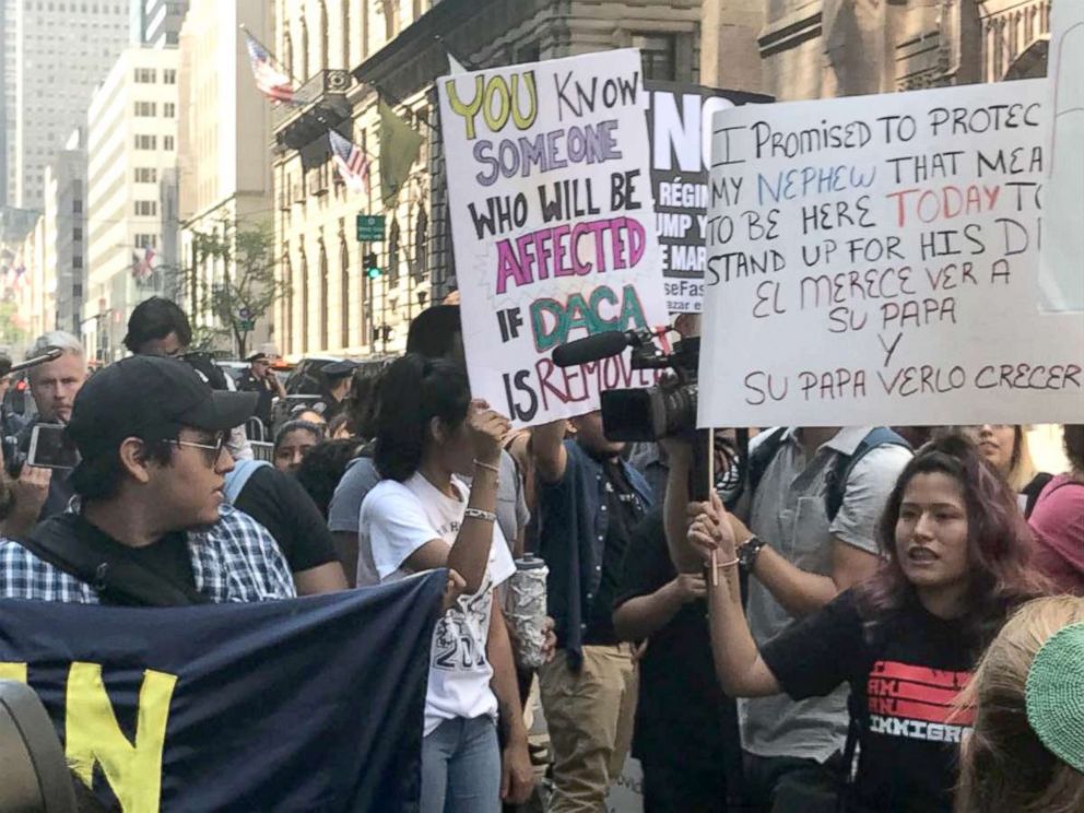 PHOTO: Protesters outside Trump Tower in New York City on Tuesday after the Trump administration announced a plan to phase out DACA.