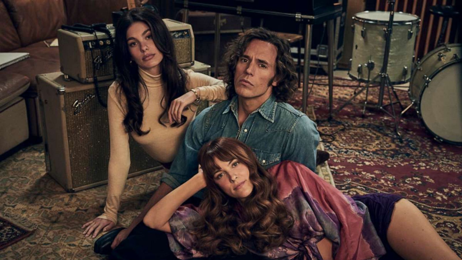 PHOTO: (L-R): Camila Morrone (Camila Dunne), Sam Claflin (Billy Dunne), Riley Keough (Daisy Jones)