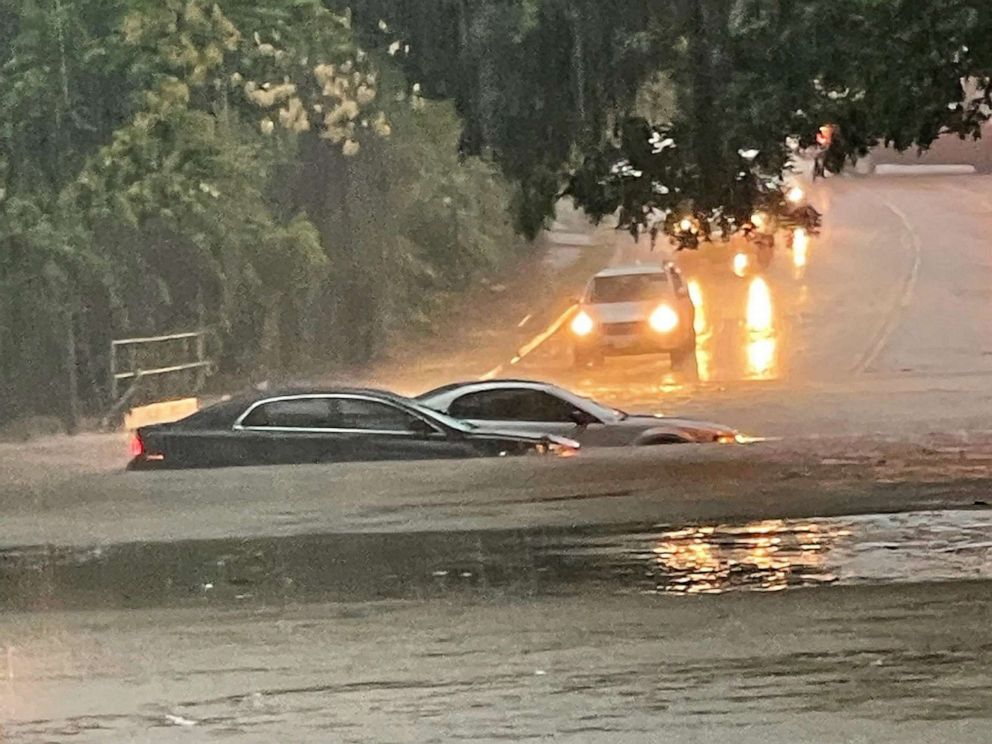 PHOTO: In this file photo taken on August 22, 2022 a photo handout provided by the Dallas Police Department shows vehicles sitting in flood waters along a street in Dallas, Texas.