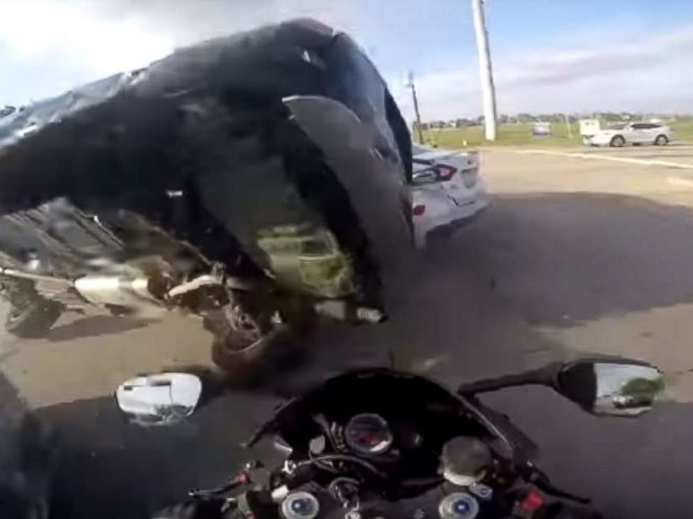 Malik Elizee, of Plano, Texas, managed to walk away from a frightening crash on his motorcycle, Saturday, March 31, 2018.