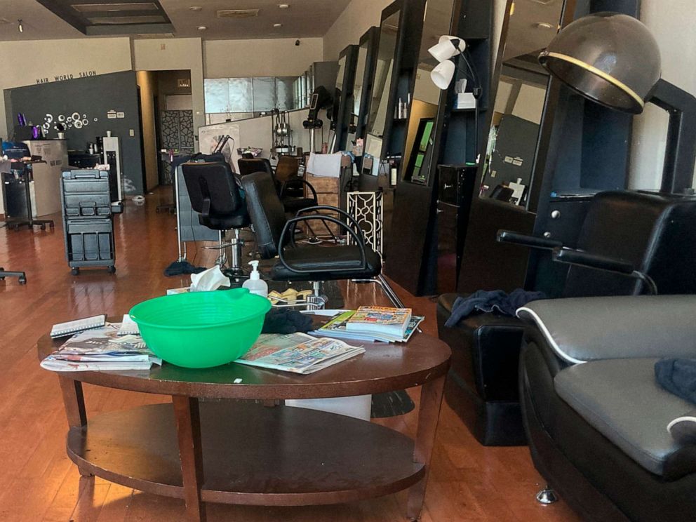 PHOTO: This photo shows the interior of Hair World Salon in Dallas on Thursday, May 12, 2022. Police are looking for a man who opened fire inside the salon in Dallas' Koreatown area, wounding three people.