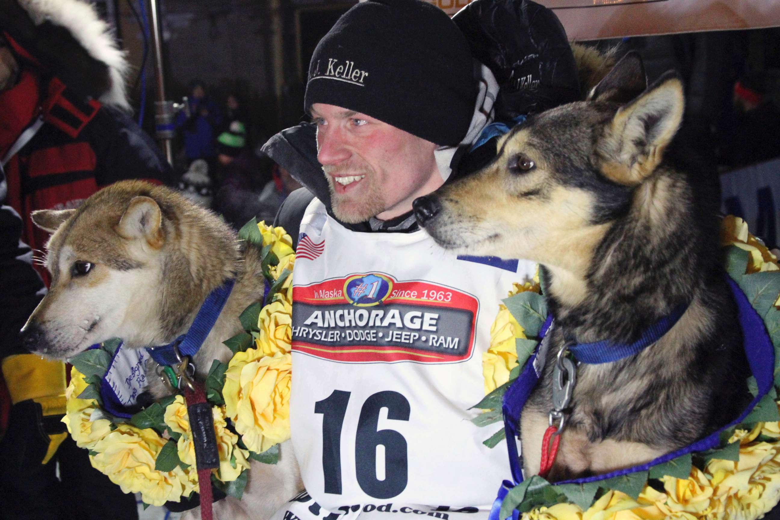 PHOTO: Dallas Seavey poses with his lead dogs Reef, left, and Tide after finishing the Iditarod Trail Sled Dog Race in Nome, Alaska in this March 15, 2016 file photo.