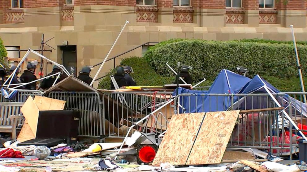 PHOTO: The remnants of an encampment are seen on the campus of UCLA in Los Angeles after a police raid led to the arrests of more than 100 pro-Palestinian protesters, Thursday, May 2, 2024.