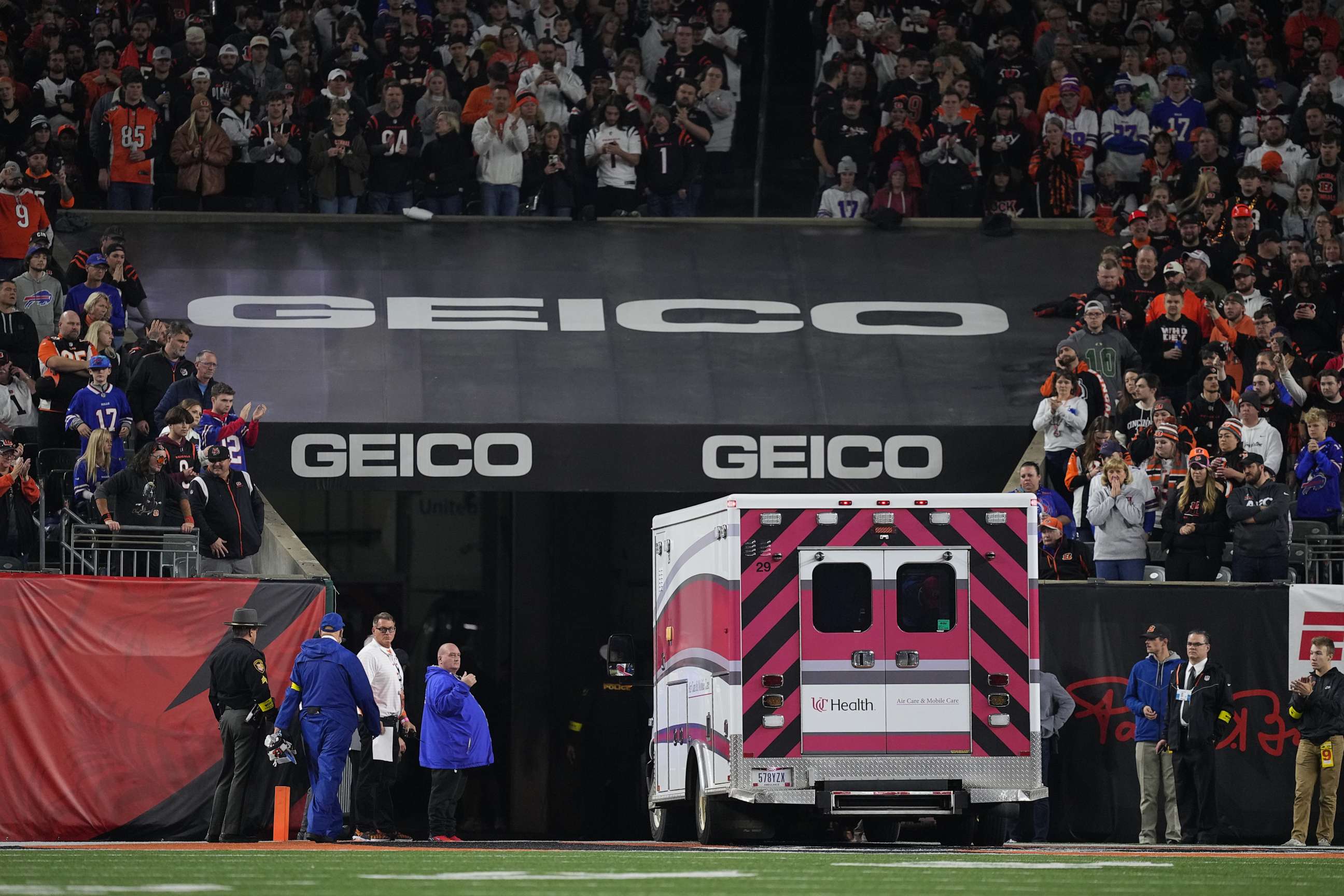 PHOTO: An ambulance leaves the field carrying Damar Hamlin of the Buffalo Bills after he collapsed during and NFL game against the Cincinnati Bengals, Jan. 2, 2023, in Cincinnati.