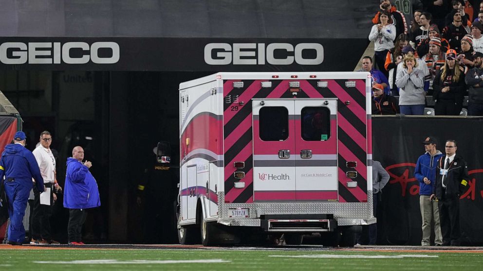 PHOTO: An ambulance leaves the field carrying Damar Hamlin of the Buffalo Bills after he collapsed during and NFL game against the Cincinnati Bengals, Jan. 2, 2023, in Cincinnati.