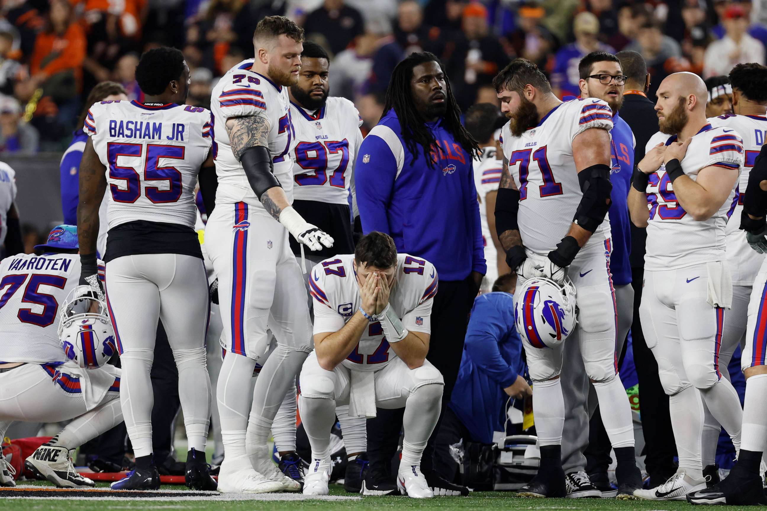 PHOTO: Buffalo Bills players react after teammate Damar Hamlin collapsed during an NFL game against the Cincinnati Bengals, Jan. 2, 2023, in Cincinnati.