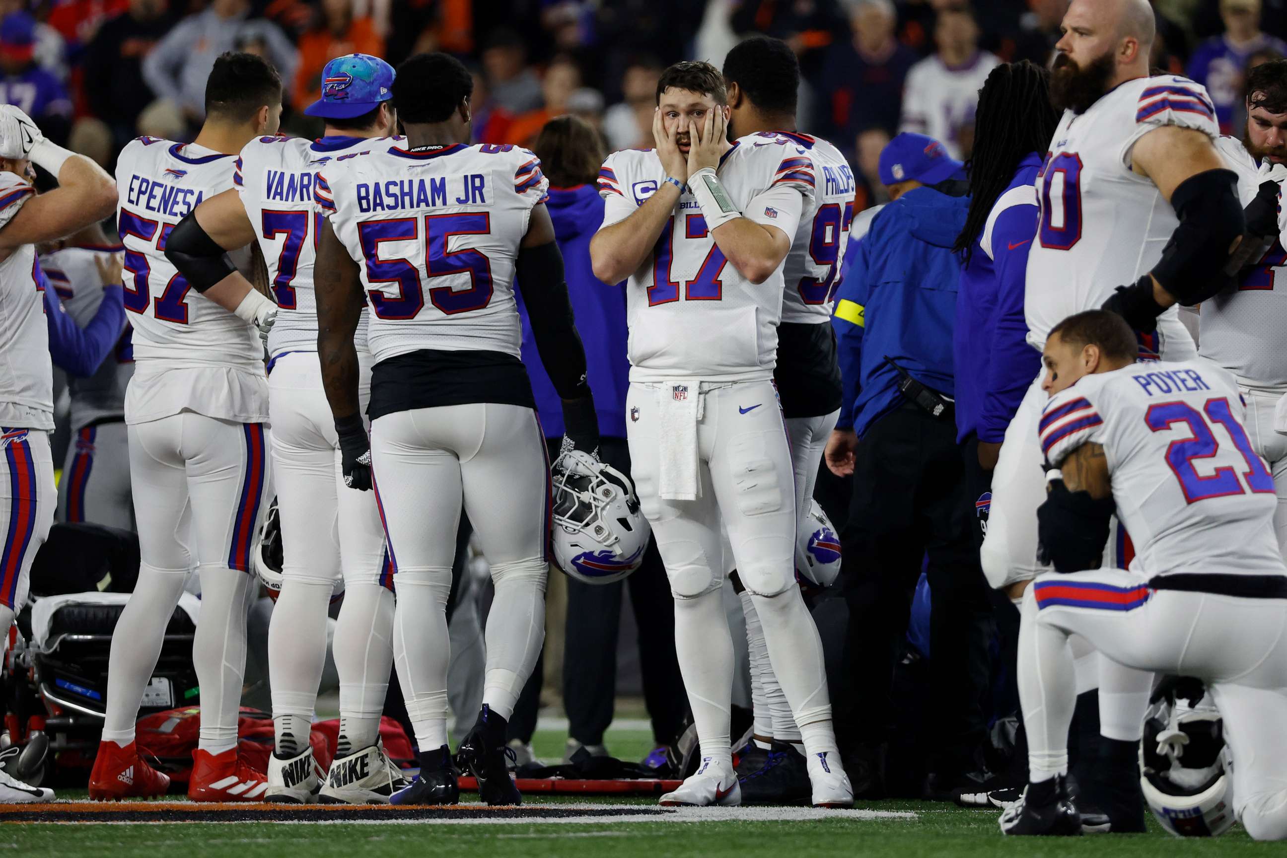 PHOTO: Buffalo Bills quarterback Josh Allen pauses after teammate Damar Hamlin collapsed against the Cincinnati Bengals during the first quarter of their NFL game, Jan. 2, 2023, in Cincinnati.