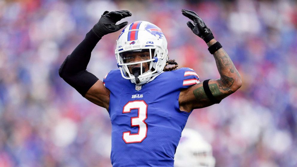 PHOTO: FILE - Buffalo Bills safety Damar Hamlin reacts after a play during the first half of the team's NFL football game against the Pittsburgh Steelers, Oct. 9, 2022, in Orchard Park.