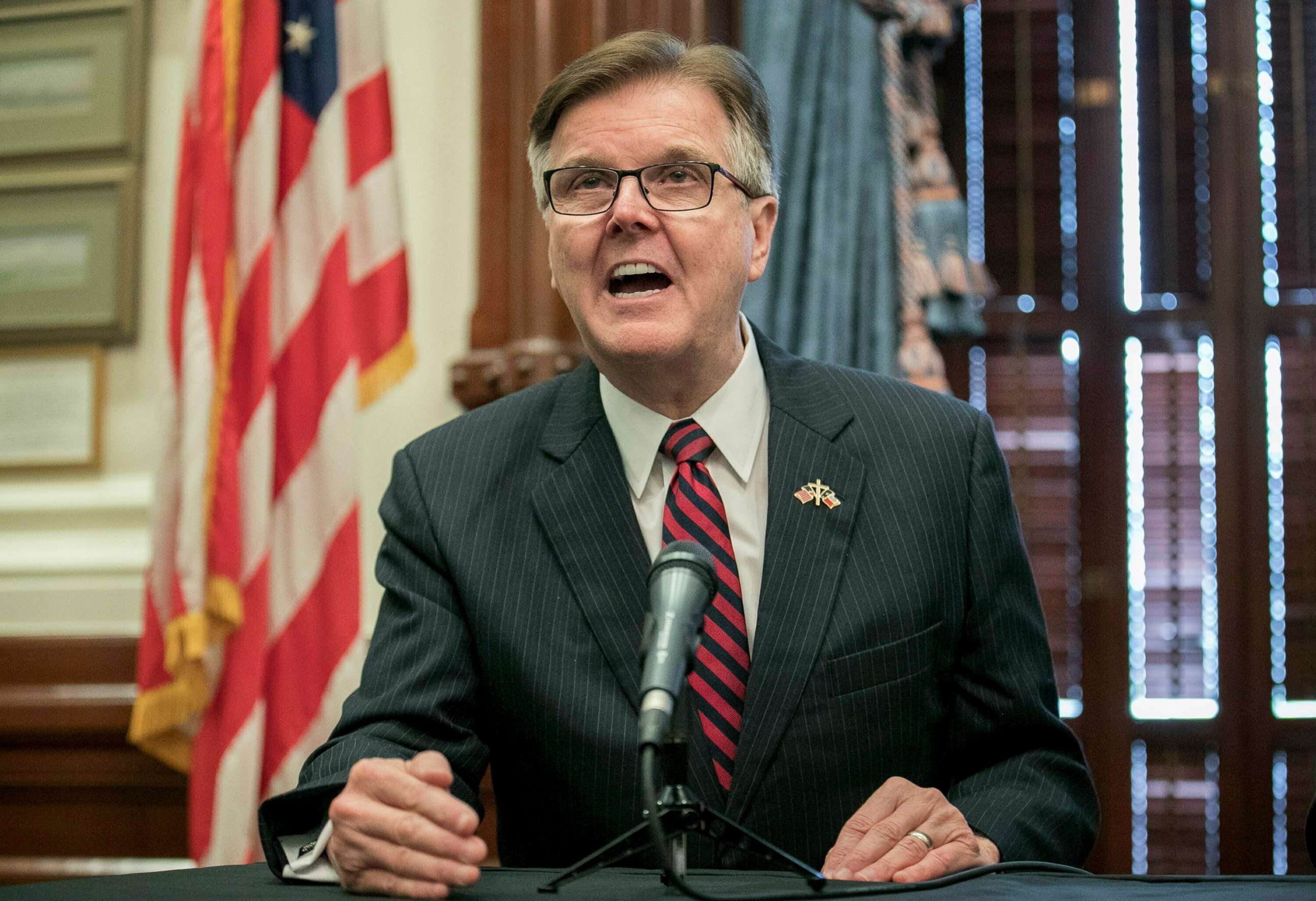 PHOTO: Dan Patrick talks about a deployment of National Guard troops to the Texas-Mexico border at a news conference at the Capitol, Friday June 21, 2019 in Austin, Texas.