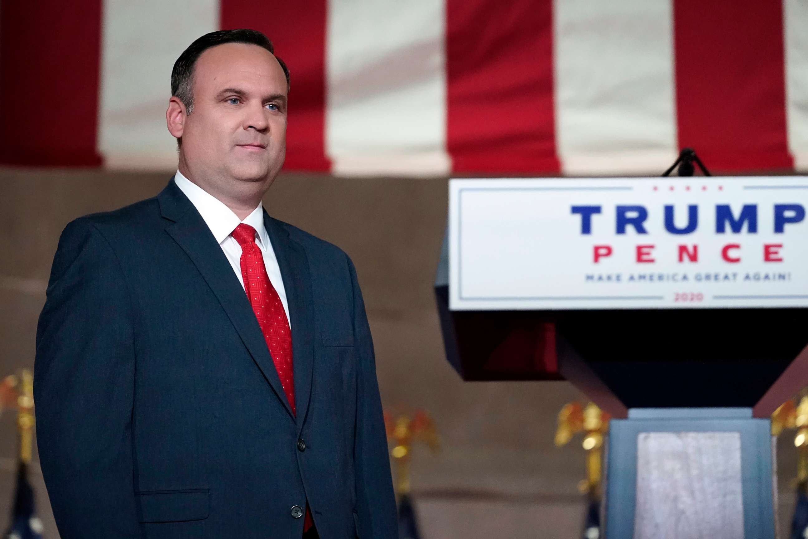 PHOTO: In this Aug. 26, 2020, file photo, White House Deputy Chief of Staff for Communications Dan Scavino walks on stage to tape his speech for the Republican National Convention from the Andrew W. Mellon Auditorium, in Washington, D.C.