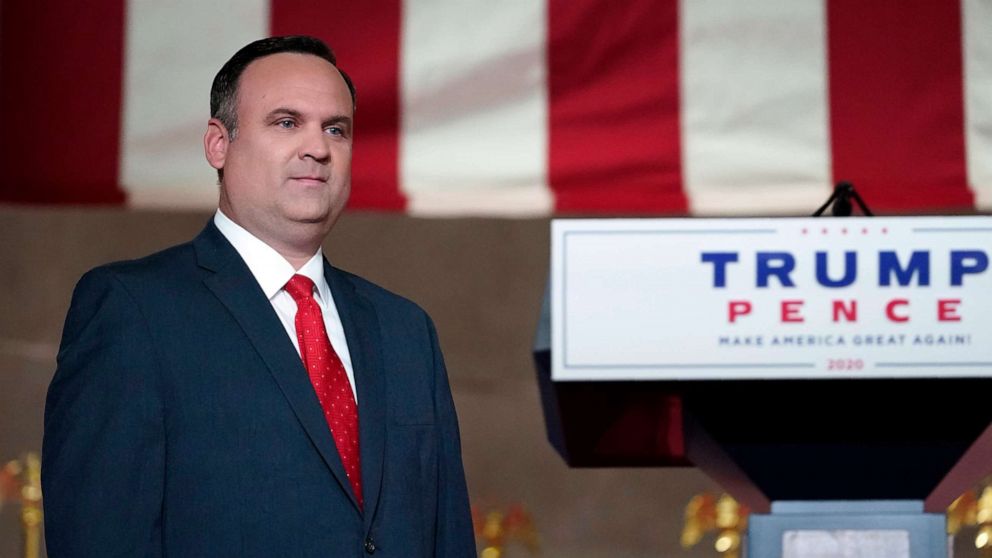 PHOTO: In this Aug. 26, 2020, file photo, White House Deputy Chief of Staff for Communications Dan Scavino walks on stage to tape his speech for the Republican National Convention from the Andrew W. Mellon Auditorium, in Washington, D.C.