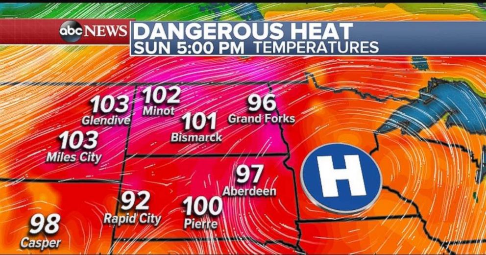 Temperatures will be close to record-setting in the Northern Plains again on Sunday.