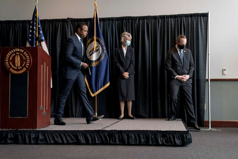 PHOTO: Kentucky Attorney General Daniel Cameron, left, leaves a news conference in Frankfort, Ky., Sept. 24, 2020. 