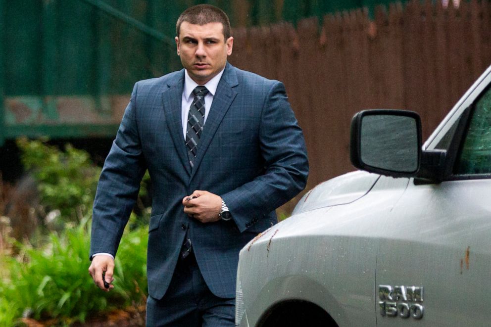 PHOTO: New York City police officer Daniel Pantaleo leaves his house in Staten Island, N.Y., on May 13, 2019.