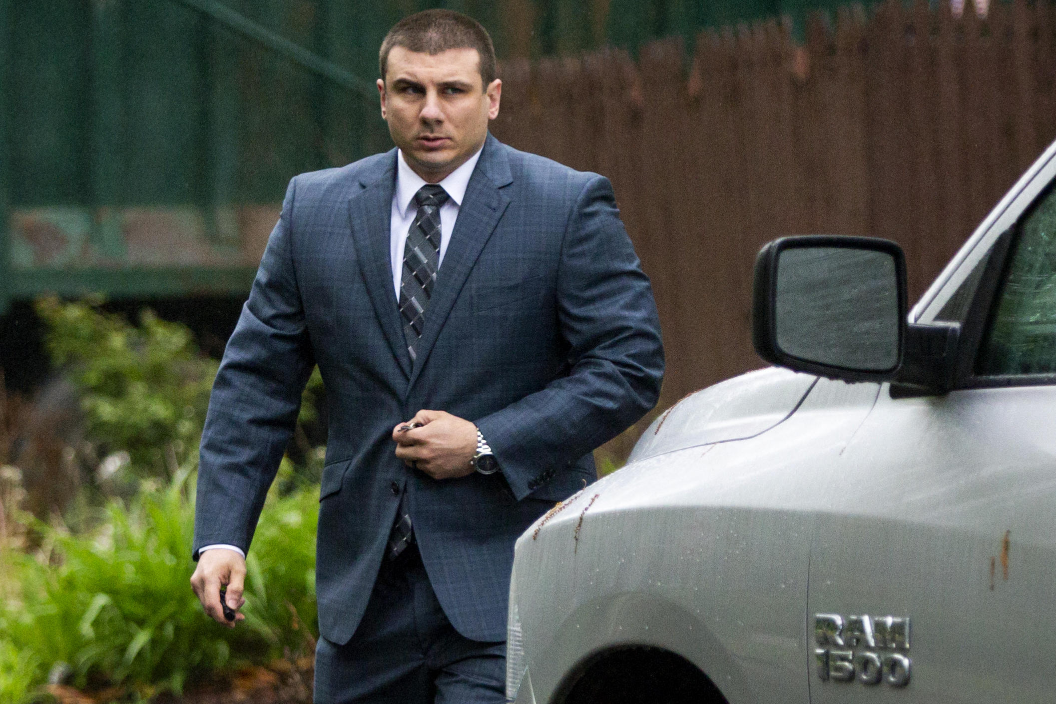 PHOTO: New York City police officer Daniel Pantaleo leaves his house in Staten Island, N.Y., on May 13, 2019.