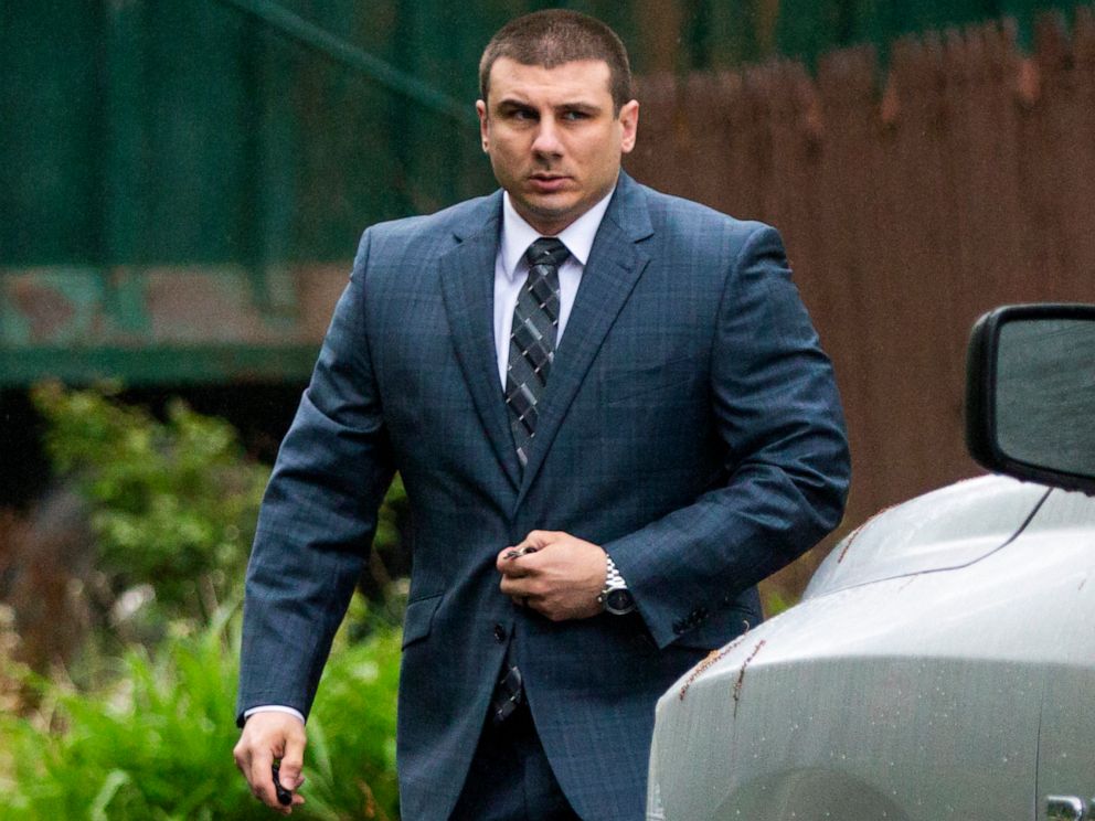 PHOTO: New York City police officer Daniel Pantaleo leaves his house in Staten Island, N.Y., on May 13, 2019.