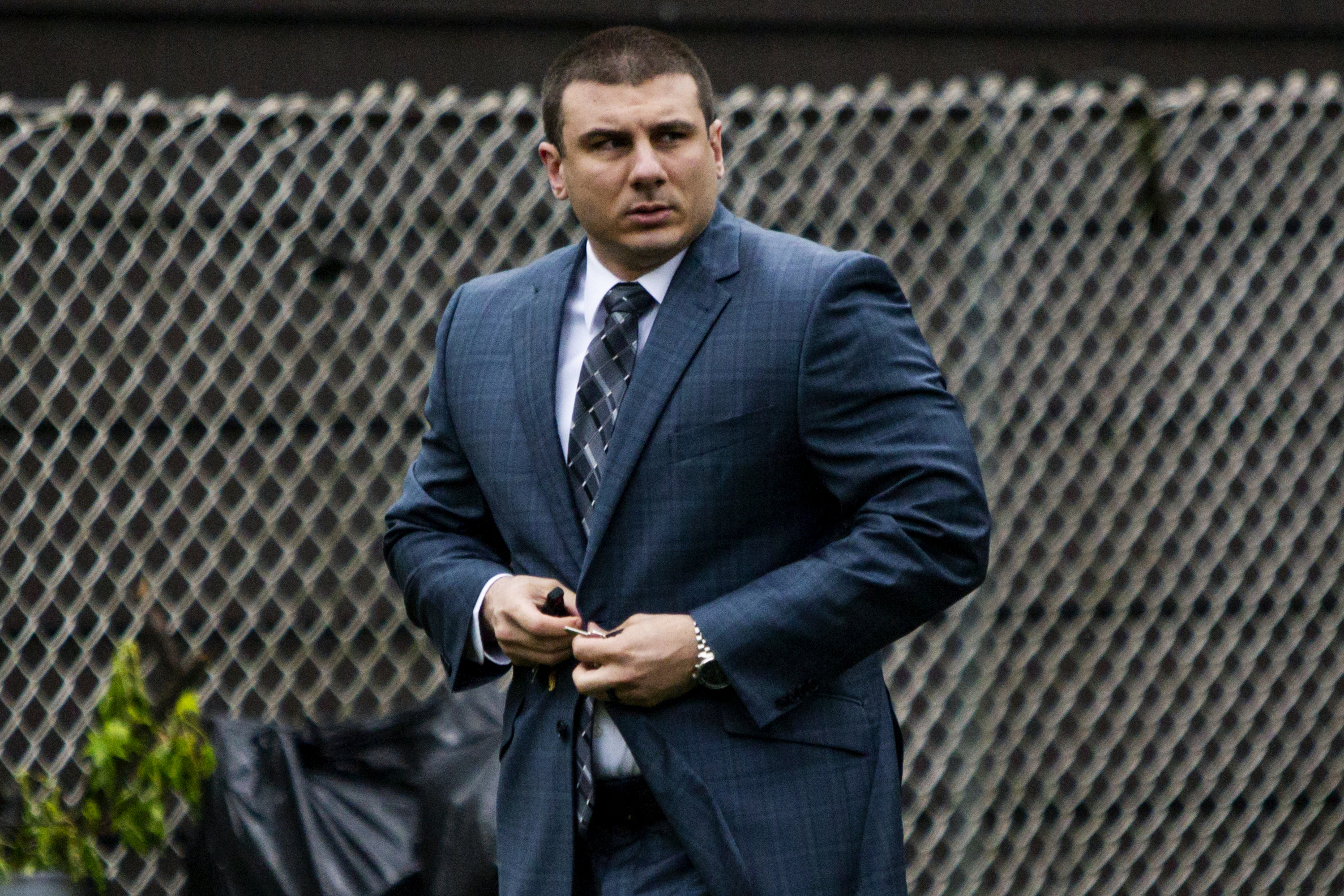 PHOTO: In this May 13, 2019, file photo, New York City police officer Daniel Pantaleo leaves his house in Staten Island, N.Y.