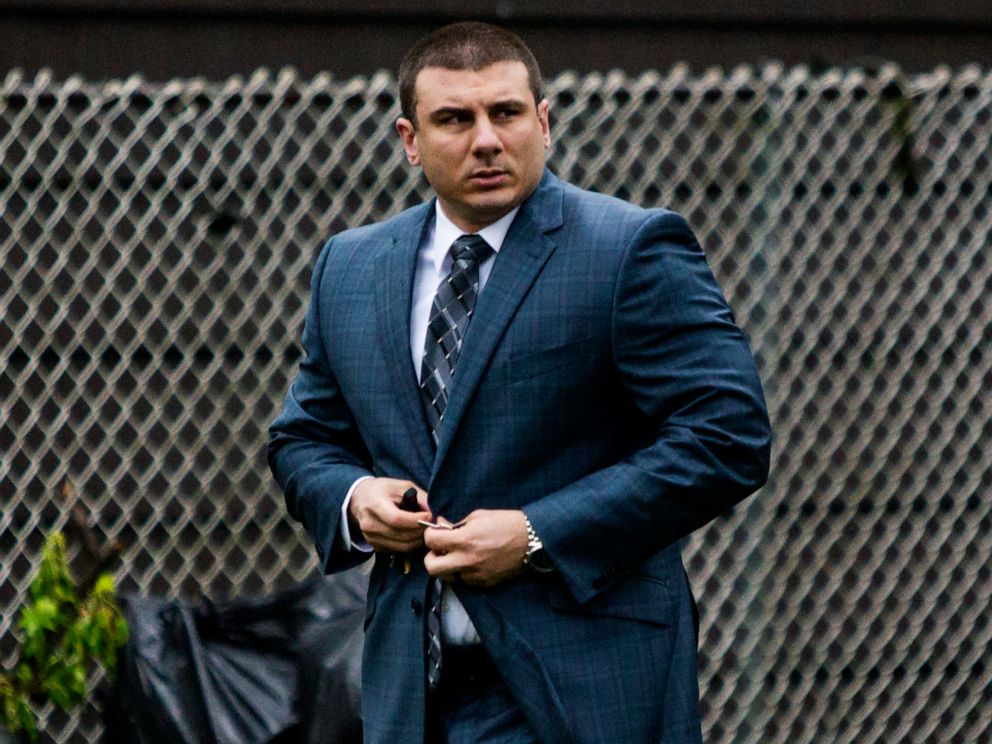 PHOTO: In this May 13, 2019, file photo, New York City police officer Daniel Pantaleo leaves his house in Staten Island, N.Y.