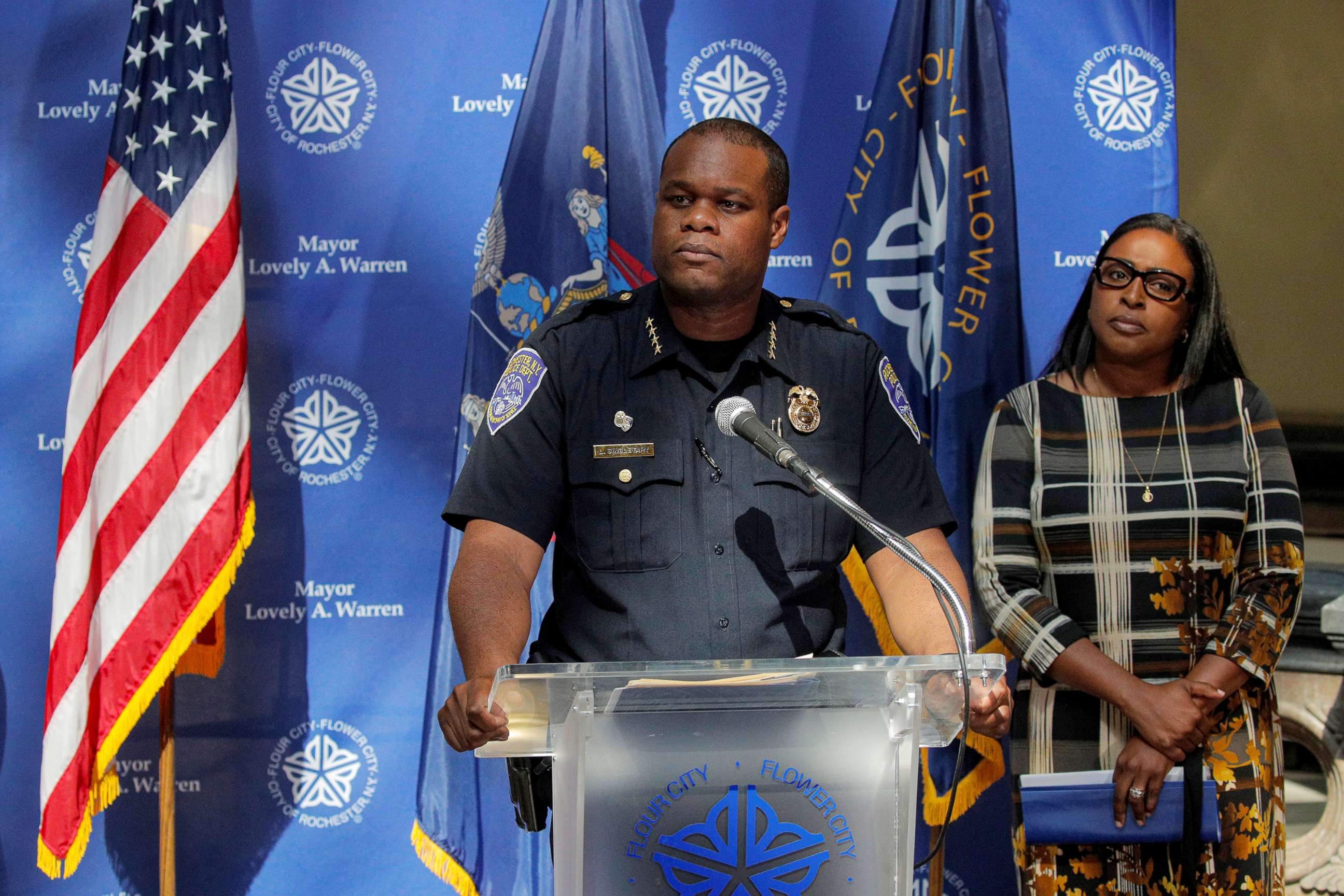 PHOTO: Rochester Police Chief, La'Ron Singletary speaks during a news conference with Mayor Lovely Warren regarding the protests over the death of a Black man, Daniel Prude in Rochester, N.Y., Sept. 6, 2020.