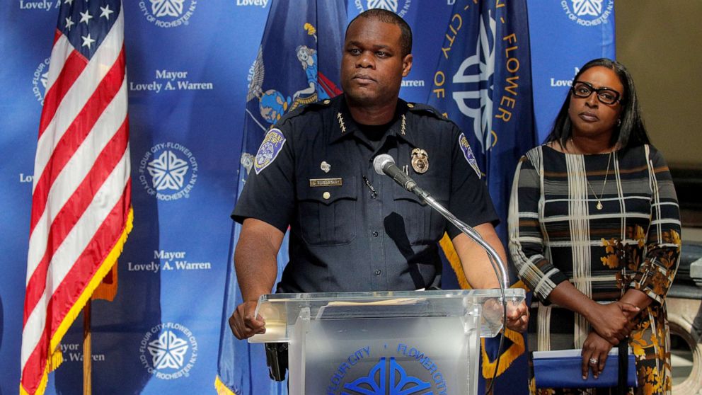 PHOTO: Rochester Police Chief, La'Ron Singletary speaks during a news conference with Mayor Lovely Warren regarding the protests over the death of a Black man, Daniel Prude in Rochester, N.Y., Sept. 6, 2020.